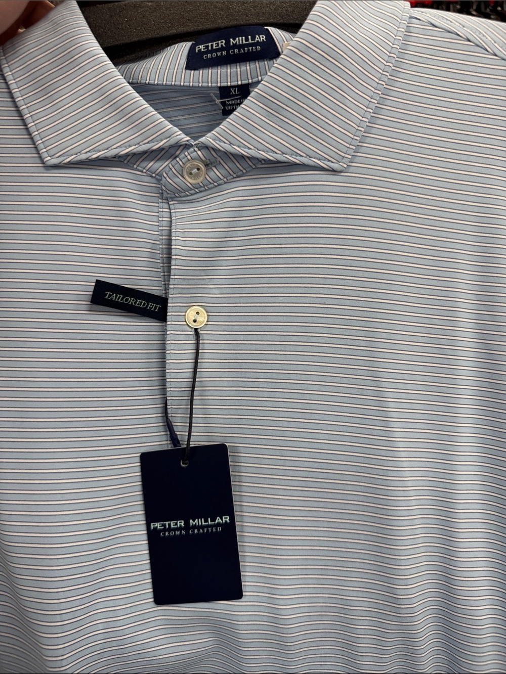 NWT Peter Millar Light Blue and White Striped Tailored-Fit Polo